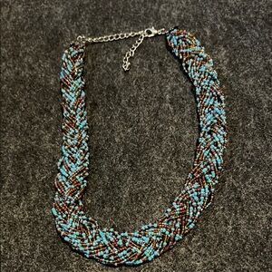 Braided Beaded Necklace - Turquoise and Brown